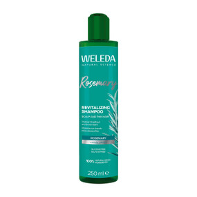 Weleda Rosemary Revitalising Shampoo 250ml in a green plastic bottle with turquoise label & white cap; Gently cleanse and add volume to thin or limp hair with Weleda Rosemary Revitalising Shampoo.