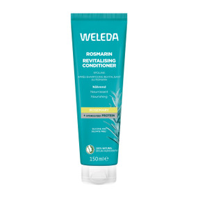 Weleda Rosemary Revitalising Conditioner 150ml in a turquoise, plastic tube & white cap; Enriched with organic rosemary leaf oil and jojoba oil, this organic rosemary conditioner strengthens hair, enhances shine, and keeps hair soft and manageable.