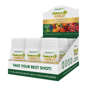 Source of Life® GOLD Multivitamin Liquid Shots - each pack contains 12 x 30ml bottles; vegetarian, gluten-free liquid multivitamin delivering essential nutrients from whole foods to boost energy, immunity, and skin health.