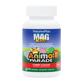Natures Plus Animal Parade® MagKidz Children's Chewables - 90 animal shaped tablets in a white plastic tube; Support your child's health with Animal Parade MagKidz magnesium chewable tablets. Sugar-free, fun animal shapes, 100mg magnesium per serving. Suitable for kids 2+.