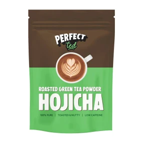 PerfectTed Hojicha Powder 30g green & brown plastic pouch. Premium hojicha powder made from roasted Japanese green tea. Low caffeine, smooth, nutty flavour, perfect for lattes, iced drinks, and calming rituals.