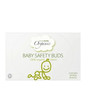 Simply Gentle Organic Baby Safety Buds - 60 Buds in white carton box; made with 100% organic cotton tips and FSC paper stems. A gentle, plastic-free option for delicate baby care
