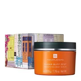 TEMPLESPA Sugar Buff Zest 220g tube &box; is an energising sugar body scrub that exfoliates, smooths, and hydrates with natural exfoliants and nourishing oils, leaving skin soft, radiant, and delicately fragranced.