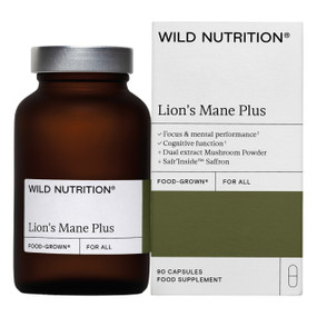 Wild Nutrition Food-Grown® Lion’s Mane Plus 90 capsules - jar & box; this nootropic supplement combining dual-extract Lion’s Mane, saffron and key nutrients to support focus, cognitive function, energy and overall wellbeing.