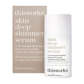 This Works Skin Deep Shimmer Serum 50ml tube & box; a lightweight body serum infused with 24-carat gold to hydrate, smooth, and enhance radiance for a luminous, silky-soft finish.