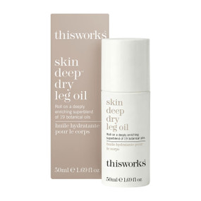 This Works Skin Deep Dry Leg Oil - 50ml Roll-On & box; delivers mess-free, on-the-go hydration with a lightweight blend of botanical oils to smooth, soften, and restore radiance—leaving skin silky and non-greasy.
