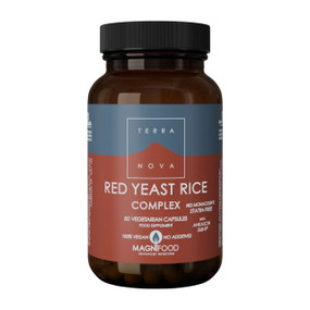 Terranova Red Yeast Rice Complex 50 capsules in a glass jar; Support healthy cholesterol, blood pressure & blood sugar metabolism with this vegan Red Yeast Rice Complex.