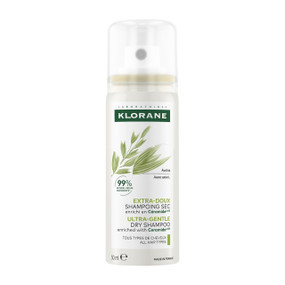 Klorane Ultra-Gentle Dry Shampoo 50ml, travel-size spray bottle -  white aluminium can; Klorane Dry Shampoo with Oat & Ceramideᴸᴵᴷᴱ instantly refreshes hair on the go, absorbing excess oil and odours while adding volume and leaving a soft, invisible finish. Perfect for travel, commuting and quick touch-ups.