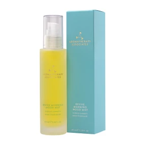 Aromatherapy Associates Revive Morning Mood Mist 100ml glass bottle & blue carton box; An alcohol-free aromatherapy body and room spray designed to boost energy, focus, and mood with a fresh, uplifting citrus herbal blend.