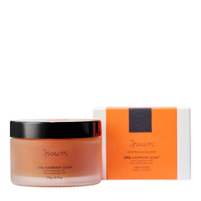 Ipsum SPA Hammam Soap 175g in transparent jar with black cap, shown with branded white and orange packaging box; Luxurious Moroccan-style Hammam soap made in Australia with organic Mt Zero olives, designed to gently cleanse, exfoliate, and nourish the skin. Rich in squalane, vitamins A and E, and natural AHAs, it helps soften skin, improve elasticity, and support a healthy skin barrier while remaining suitable for sensitive skin.