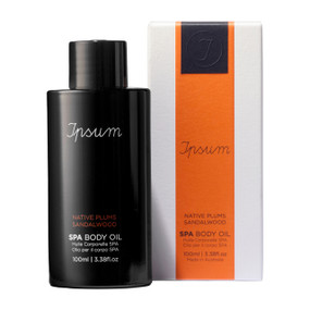 Ipsum SPA Body Oil 100ml black bottle in a  white & orange carton box; Ipsum SPA Body Oil is a luxurious blend of 19 organic botanical oils that deeply moisturises, smooths and revitalises dry skin while boosting radiance with Australian native plums, vitamins and antioxidant-rich ingredients.