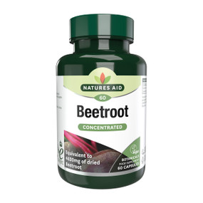 Natures Aid Beetroot - 60 Capsules in a green plastic tube; High-strength beetroot capsules providing 4620mg dried beetroot equivalent per serving. Vegan-friendly, easy-to-swallow supplement supporting daily wellbeing and circulation.