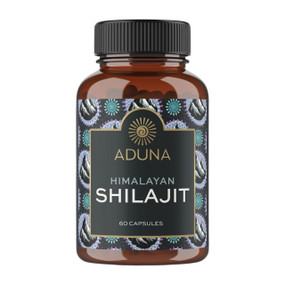 Aduna Himalayan Shilajit 60 Capsules in an amber glass jar with black label & black cap; These pure Himalayan Shilajit capsules with 80% fulvic acid support energy, vitality, cognitive and sexual function. Third-party tested, no fillers or additives.