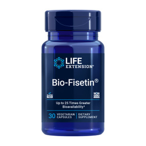 Life Extension Bio-Fisetin® 30 capsules in a blue palstic tube; High-bioavailability fisetin formula from Life Extension, enhanced with fenugreek fibre for up to 25x better absorption for cellular health, cognitive and longevity support