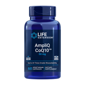 Life Extension AmpliQ CoQ10™ 50mg - 60 capsules in a blue plastic tube; Supports cellular energy production, antioxidant protection, and healthy ageing in a convenient once-daily capsule. Vegetarian, gluten-free, and non-GMO.