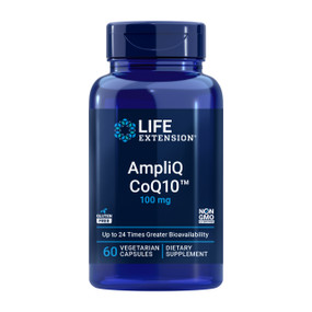 Life Extension AmpliQ CoQ10™ 100mg- 60 capsules in a blue plastic tube; Life Extension AmpliQ CoQ10 100 mg supports cellular energy, heart health, and antioxidant protection with enhanced absorption technology.