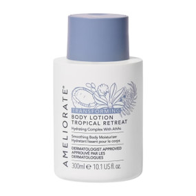 Ameliorate Transforming Body Lotion Tropical Retreat - 300ml bottle with a blue cap; Hydrate, smooth and gently exfoliate rough, dry and bumpy skin with this limited-edition body lotion featuring a relaxing tropical fragrance.
