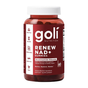 Goli Nutrition Renew NAD+ Gummies - 60 gummies in a deep red plastic tube; Goli® Renew NAD+ Gummies combine nicotinamide riboside (NR), vitamin C, and vitamin B3 to support energy metabolism, reduce fatigue, and provide antioxidant support in a vegan, easy-to-take gummy format.