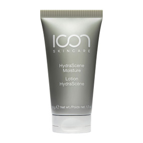 Icon HydraScene Moisture Lotion in a 50g grey tube with a white cap; a lightweight hydrating moisturiser with ceramides, biomimetic lipids and sodium hyaluronate to support soft, radiant-looking skin.
