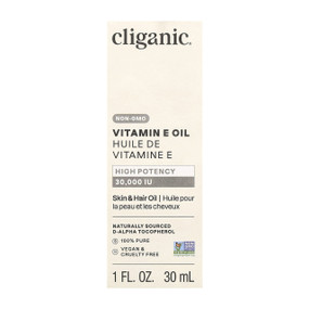 Cliganic 100% Pure Vitamin E Oil - 30ml carton box; A pure, 30000 IU high potency, pure Vitamin E oil for face, body and hair that helps moisturise dry skin and improve radiance.