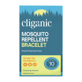 Cliganic Mosquito Repellent Bracelets - carton box containing 10 individually wrapped bands;Cliganic mosquito repellent bracelets offer DEET-free, plant-based protection. One-size, travel-friendly and suitable for kids and adults outdoors.