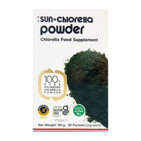 Sun Chlorella Powder (30 x 3g Packets) in a white carton box; A 30-day supply of highly digestible green superfood rich in B12, iron & chlorophyll for daily wellbeing support.
