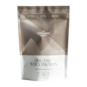 The Organic Protein Co. Organic Whey Protein Powder Madagascan Vanilla 1.2kg white & brown plastic bag; Organic grass-fed whey protein with Madagascan vanilla. 17.9g protein per serving. Additive-free, high in BCAAs for muscle recovery and daily nutrition.