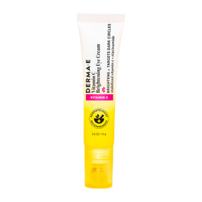 DERMA E Vitamin C Brightening Eye Cream - 14g white and yellow tube. Brighten tired-looking eyes with Derma E Vitamin C Brightening Eye Cream. Helps reduce the appearance of dark circles and puffiness with a cooling applicator.