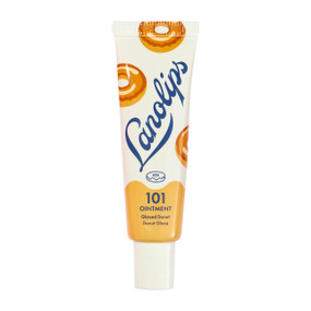 Lanolips 101 Ointment Glazed Donut 10g in a squeeze tube decorated with illustrated glazed doughnuts. A natural lanolin lip balm with vitamin E for long-lasting hydration and glossy, soft lips.