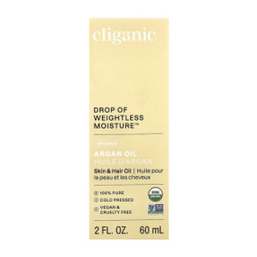 Cliganic Organic Argan Oil 60ml, yellow carton box; Cliganic Organic Argan Oil is a fast-absorbing, cold-pressed beauty oil that deeply hydrates skin, smooths frizz, and enhances natural shine for hair, skin, and nails.
