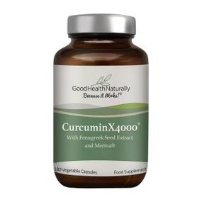 Good Health Naturally Curcumin X4000 bottle containing 180 vegetable capsules. Curcumin X4000® with Fenugreek combines Meriva® curcumin and fenugreek seed extract in a carefully balanced, additive-free capsule for daily wellbeing.