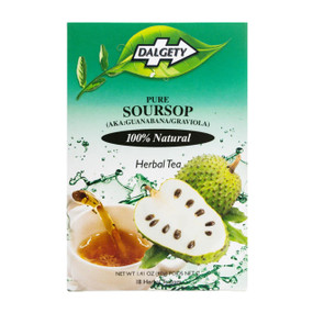 Dalgety Pure Soursop Tea - 18 Tea Bags in a carton box; This 100% natural caffeine-free infusion is made with dried soursop leaves and a smooth tropical floral finish.