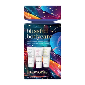 This Works Blissful Bodycare science-backed bodycare trio gift set packaging featuring Deep Sleep Body Whip, Perfect Body Vit C Glow, and In The Zone Body Lotion