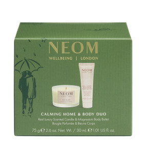 NEOM Wellbeing Calming Home and Body Duo gift box in green containing 75g Real Luxury scented candle and 30ml magnesium body butter; Create moments of calm with the Neom Wellbeing Calming Home & Body Duo, combining a scented candle and nourishing body butter in a luxurious gift set.