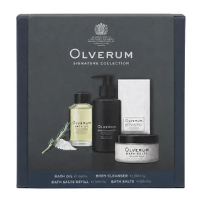 Olverum Signature Collection gift set packaging showcasing Bath Oil 60ml, Body Cleanser 250ml, Bath Salts 200ml, and Bath Salts Refill 200ml