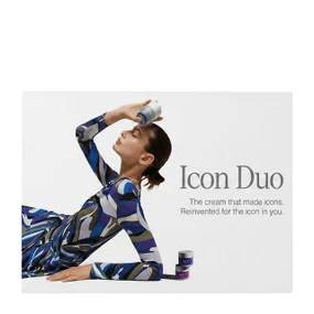 Icon Duo skincare gift set box with purple and blue moisturising cream jars displayed in front of outer presentation packaging