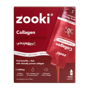 Super Strength Collagen Zooki, 30 sachets in a red box; Delivers 11,000mg hydrolysed marine collagen and 40mg vitamin C per serving, providing a convenient 30-day supply in a delicious sour cherry flavour.