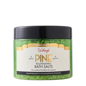 Wiberg Pine Rejuvenating Bath Salts - 600g in a gren plastic tube with black cap; combines Epsom salt, sea salt, pine, eucalyptus and fir oils for a luxurious, spa-inspired bath soak.