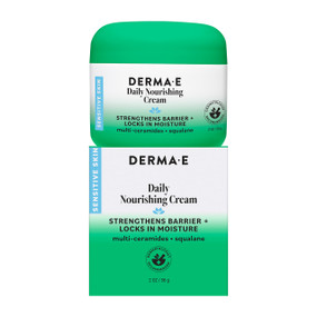 Derma E Daily Nourishing Cream 56g tub & box; Nourish dry, delicate skin with Derma E Daily Nourishing Cream, featuring multi-ceramides, squalane and allantoin to moisturise and support the skin barrier.