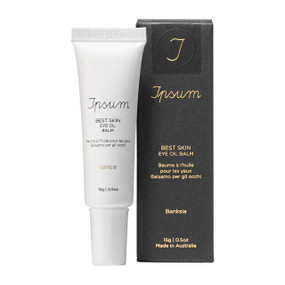 Ipsum Best Skin Eye Oil Balm 15g white tube & black carton box;  Ipsum Best Skin Eye Oil Balm is a COSMOS certified organic balm with Banksia, Bakuchiol and Squalane to hydrate, smooth and brighten eyes.