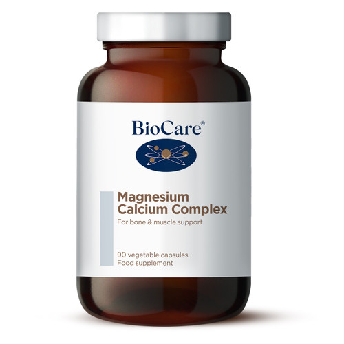 Biocare Magnesium Calcium Complex, brown glass jar with white label, provides a balanced ratio of magnesium and calcium for bone & muscle support