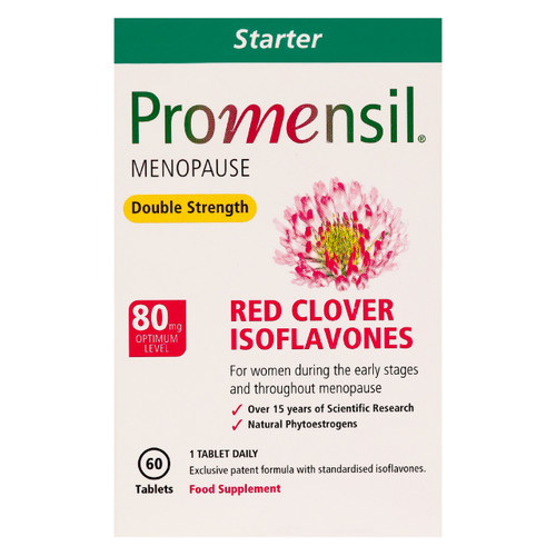 Promensil Menopause Double Strength contains red clover isoflavones to help alleviate menopausal symptoms during and after menopause.