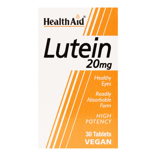 HealthAid Lutein tablets contains 20mg of lutein, a carotenoid used to prevent macular degeneration & to alleviate floaters & dry eyes.
