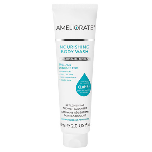 Now available in a handy travel size, Ameliorate’s Nourishing Body Wash treats very dry, rough or bumpy skin, leaving it smooth, hydrated and healthier