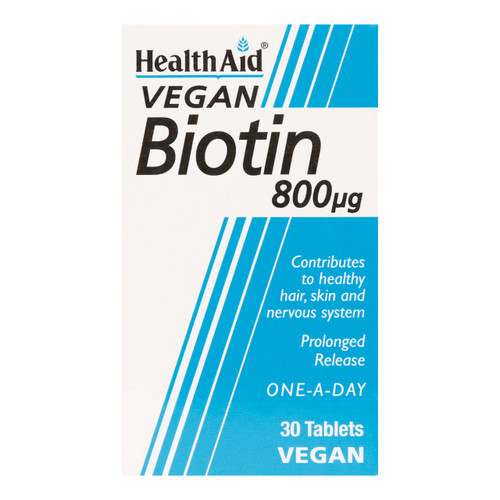 HealthAid Biotin Tablets contain 800mcg of biotin, a member of the B-vitamins, that is used by the body for the production of various enzymes which helps body metabolise fats and proteins