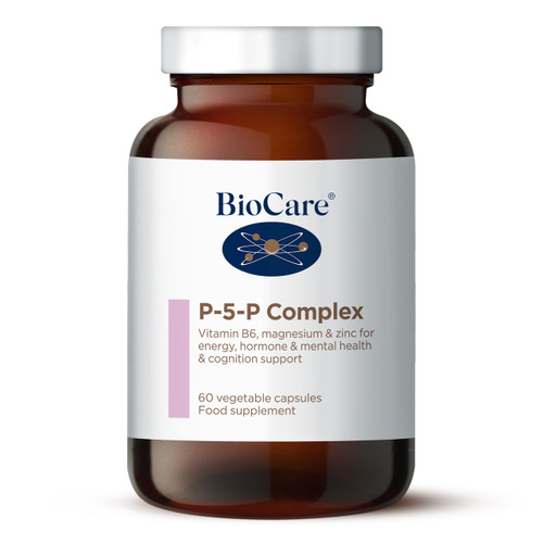 Biocare's P-5-P complex, 60 capsules brown glass bottle, contains the active form of vitamin B6, pyridoxal phosphate, for its multiple benefits.