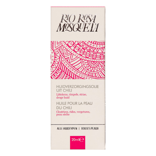 Rio Rosa Mosqueta rosehip seed oil, 20ml bottle in pink box, is a pure, unscented cold pressed oil from rosehips
