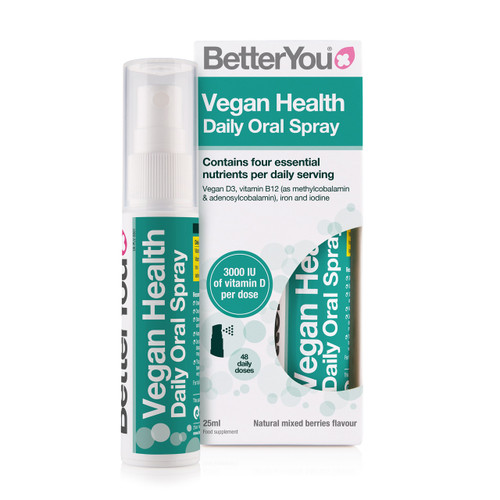Better You Vegan Health Daily Oral Spray contains four essential vitamins and mineral including, vegan vitamin D3, vitamin B12 (as methylcobalamin & adenosylcobalamin), iron and iodine.