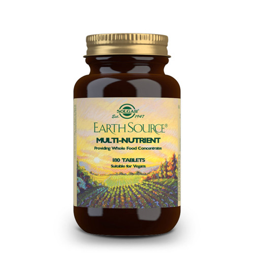 Solgar Vitamins Earth Source, 180 tablets, provide vitamins and minerals from food sources for high absorption.