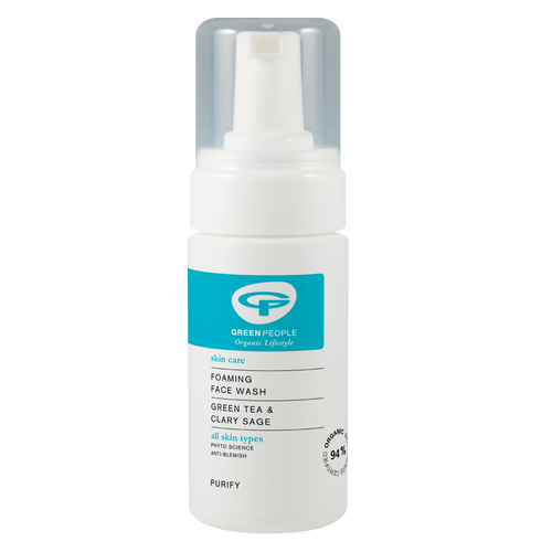 Green People Foaming Face Wash, white plastic bottle 100ml is a soap-free foaming face cleanser to prevent breakouts.